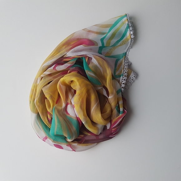 Floral & Butterfly Scarf -White Crochet Trim - Picture 3 of 5